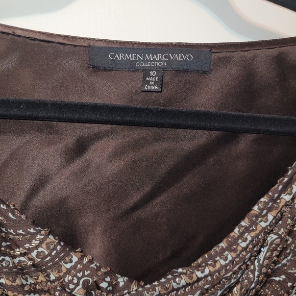 CARMEN MARC VALVO Silk Beaded Blouse Women's 10 Brown Blue Draped Neck Lined - Picture 3 of 15